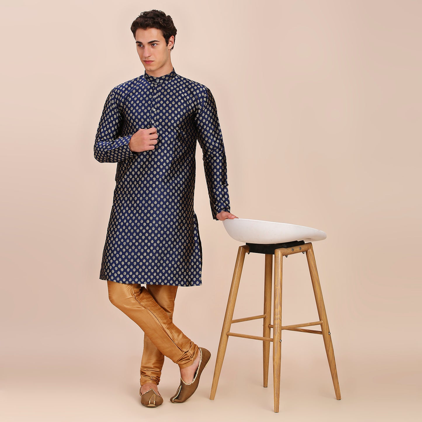 Plain With Golden Butti Regular fit Chinese collar Kurta for Men - Navy Blue