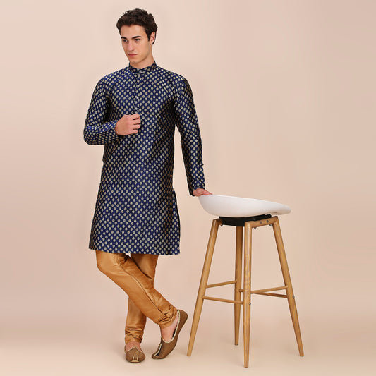 Plain With Golden Butti Regular fit Chinese collar Kurta for Men - Navy Blue