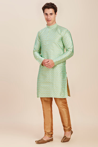 Plain With Golden Butti Regular fit Chinese collar Kurta for Men - Sea Green