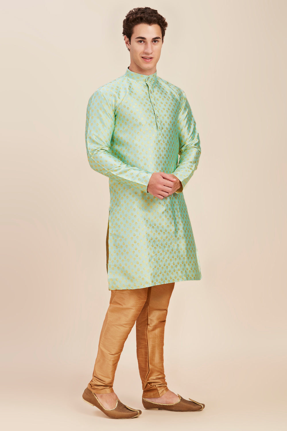 Plain With Golden Butti Regular fit Chinese collar Kurta for Men - Sea Green