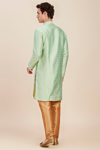 Plain With Golden Butti Regular fit Chinese collar Kurta for Men - Sea Green