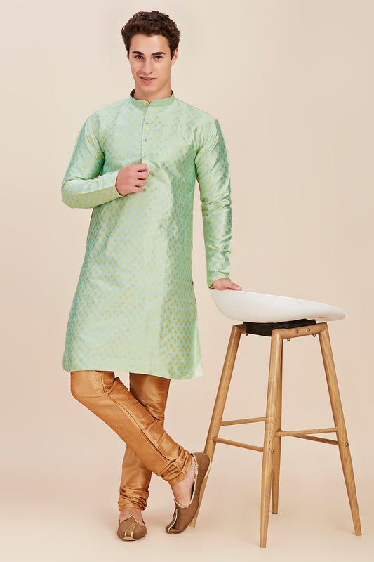 Plain With Golden Butti Regular fit Chinese collar Kurta for Men - Sea Green