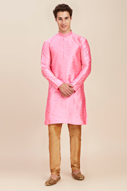 Plain With Golden Butti Regular fit Chinese collar Kurta for Men - Baby Pink