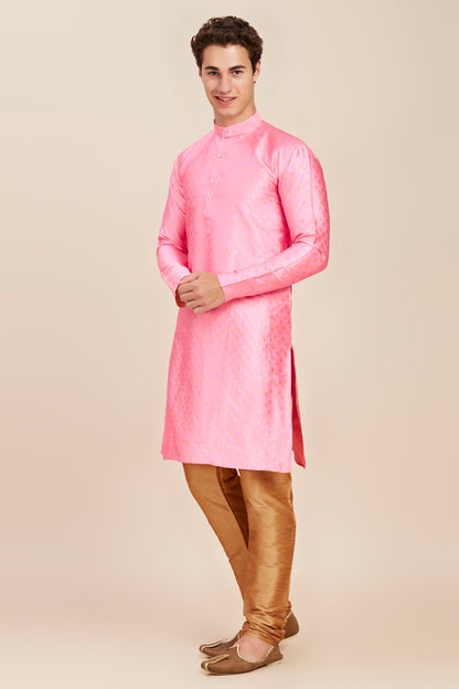 Plain With Golden Butti Regular fit Chinese collar Kurta for Men - Baby Pink