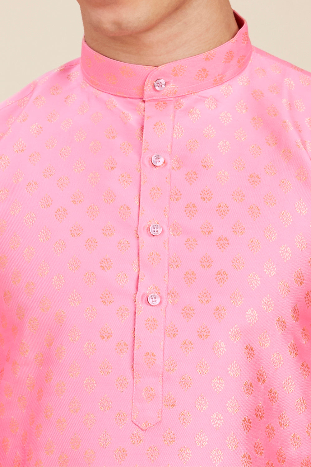 Plain With Golden Butti Regular fit Chinese collar Kurta for Men - Baby Pink