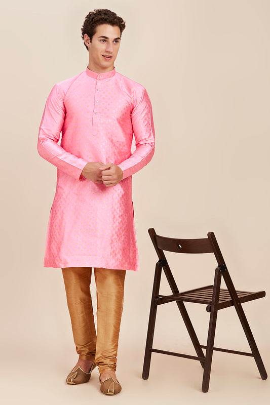 Plain With Golden Butti Regular fit Chinese collar Kurta for Men - Baby Pink