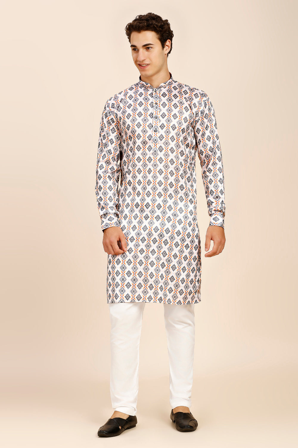 Printed Regular fit Chinese collar Kurta for Men - Grey