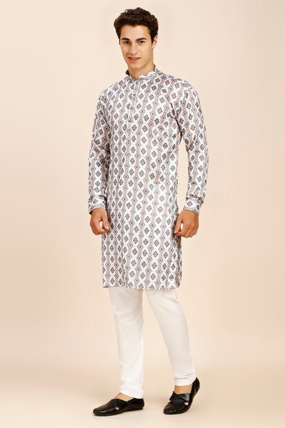 Printed Regular fit Chinese collar Kurta for Men - Grey