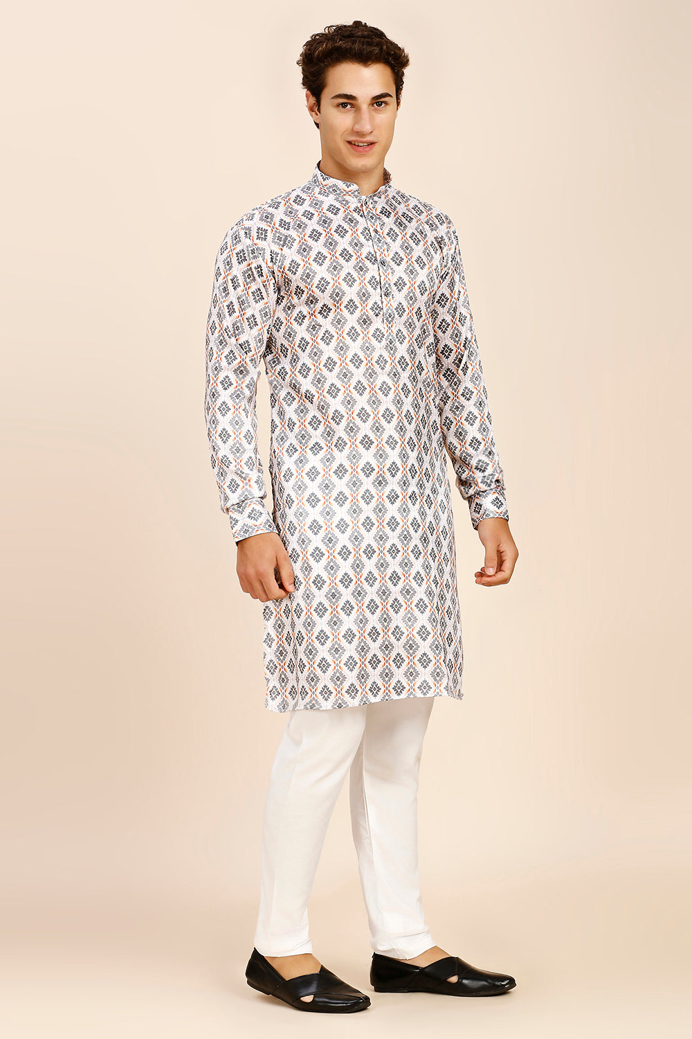 Printed Regular fit Chinese collar Kurta for Men - Grey