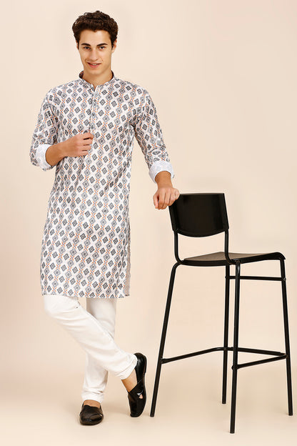 Printed Regular fit Chinese collar Kurta for Men - Grey