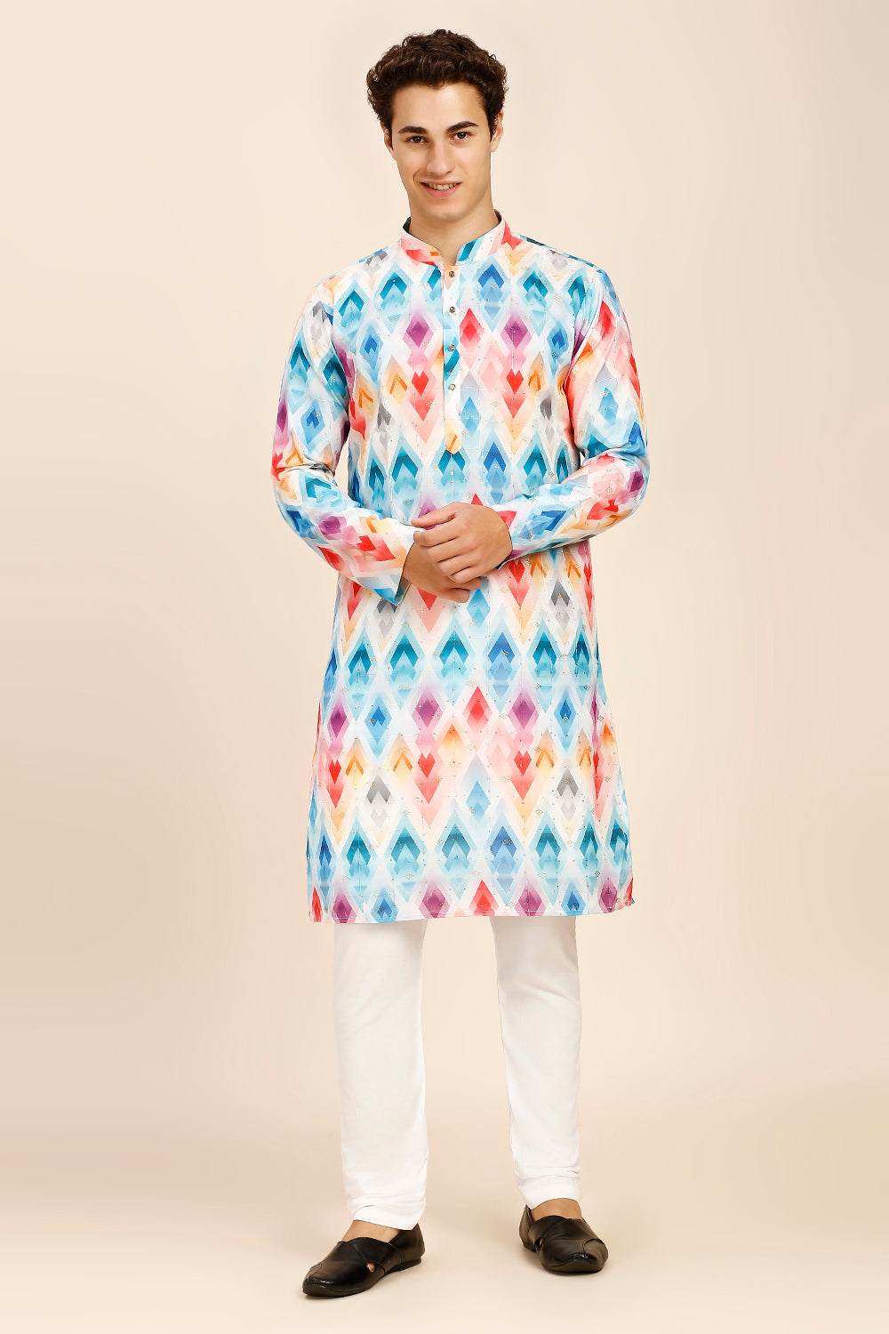 Geometric Print Regular fit Chinese collar Kurta with Full Lining for Men - Pink & Firozi