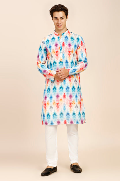 Geometric Print Regular fit Chinese collar Kurta with Full Lining for Men - Pink & Firozi