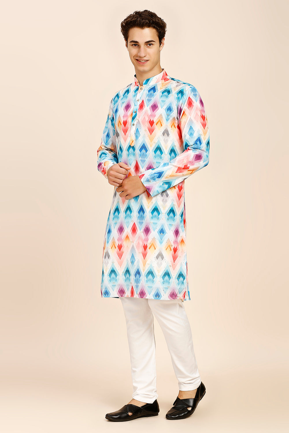 Geometric Print Regular fit Chinese collar Kurta with Full Lining for Men - Pink & Firozi