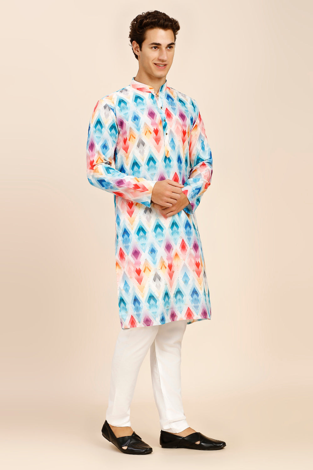 Geometric Print Regular fit Chinese collar Kurta with Full Lining for Men - Pink & Firozi