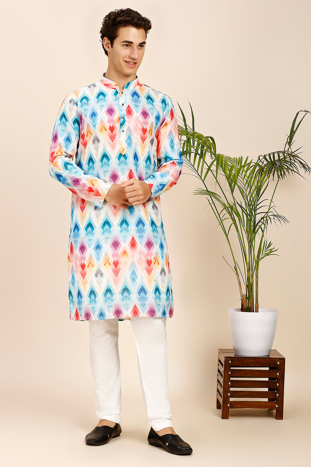 Geometric Print Regular fit Chinese collar Kurta with Full Lining for Men - Pink & Firozi