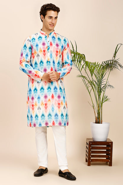 Geometric Print Regular fit Chinese collar Kurta with Full Lining for Men - Pink & Firozi