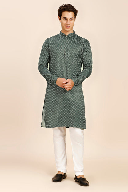 Printed Regular fit Chinese collar Kurta for Men - Mehndi Green