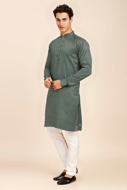 Printed Regular fit Chinese collar Kurta for Men - Mehndi Green