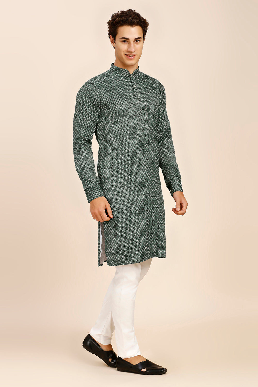 Printed Regular fit Chinese collar Kurta for Men - Mehndi Green