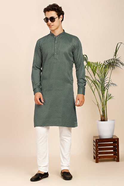 Printed Regular fit Chinese collar Kurta for Men - Mehndi Green