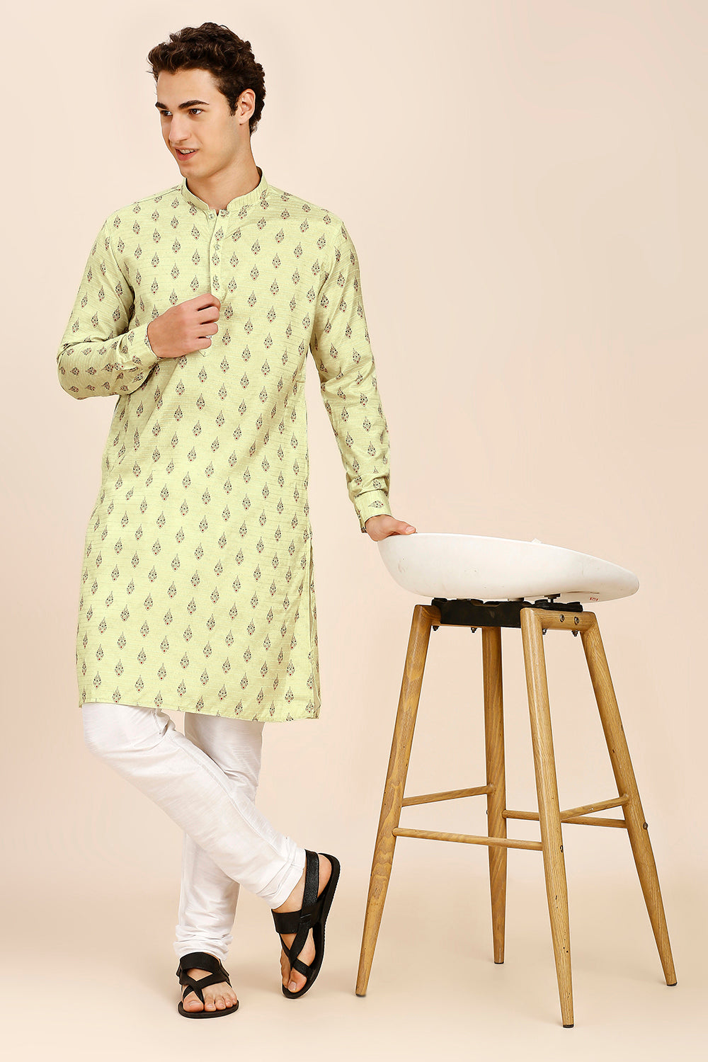 Printed Regular fit Chinese collar Kurta for Men - Light Green