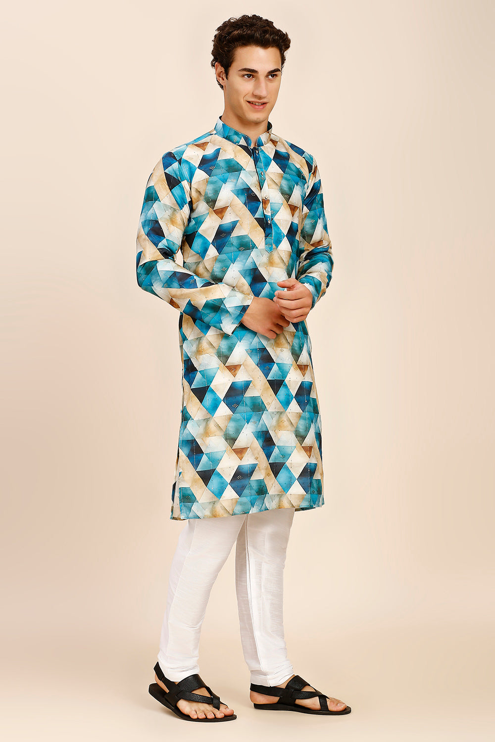 Geometric Print Regular fit Chinese collar Kurta with Full Lining for Men - Firozi Blue