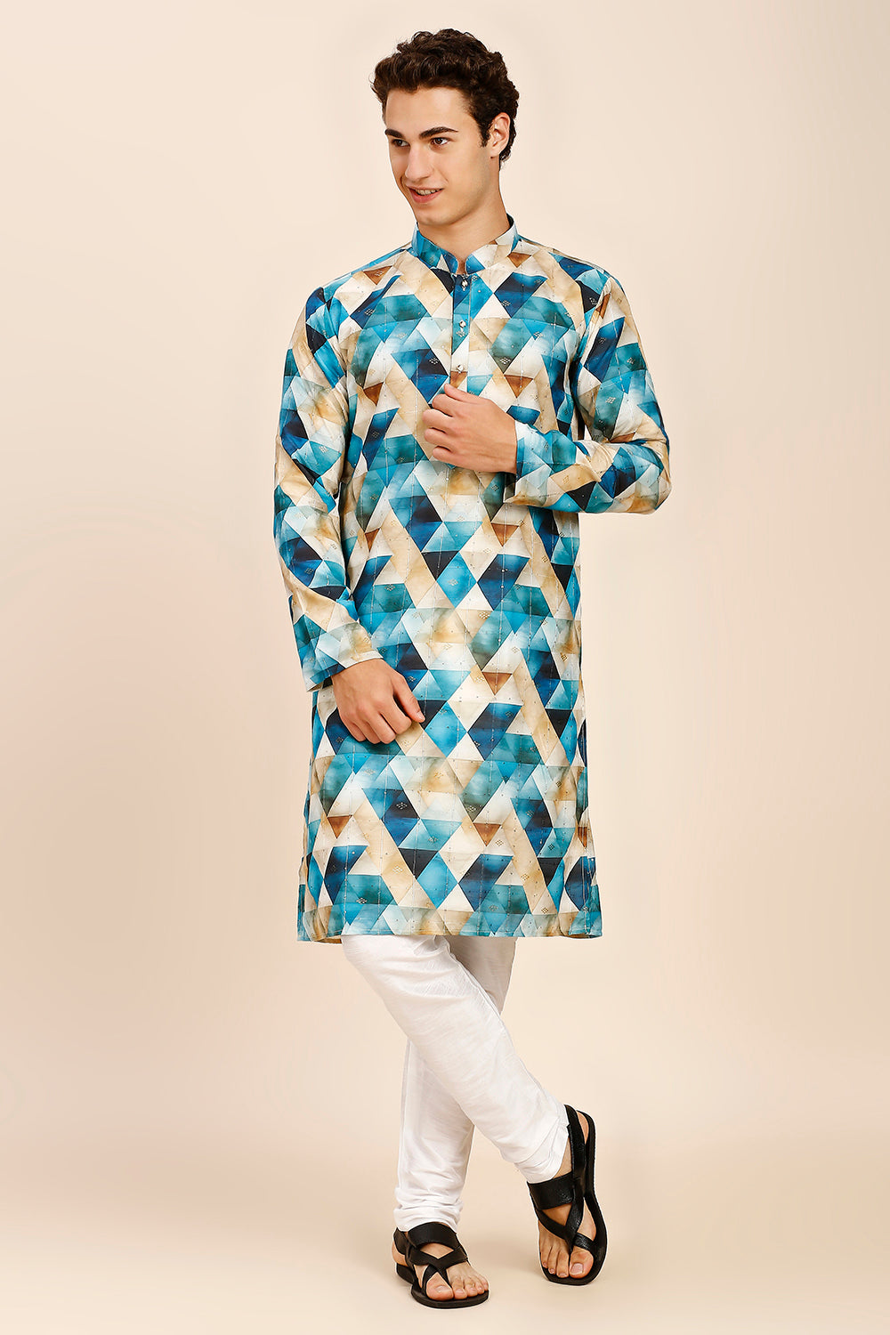 Geometric Print Regular fit Chinese collar Kurta with Full Lining for Men - Firozi Blue