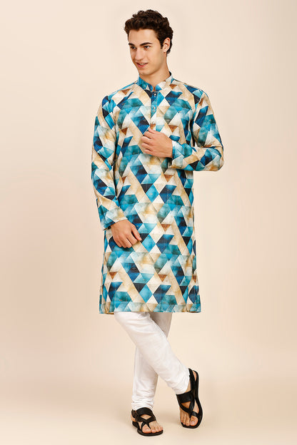 Geometric Print Regular fit Chinese collar Kurta with Full Lining for Men - Firozi Blue