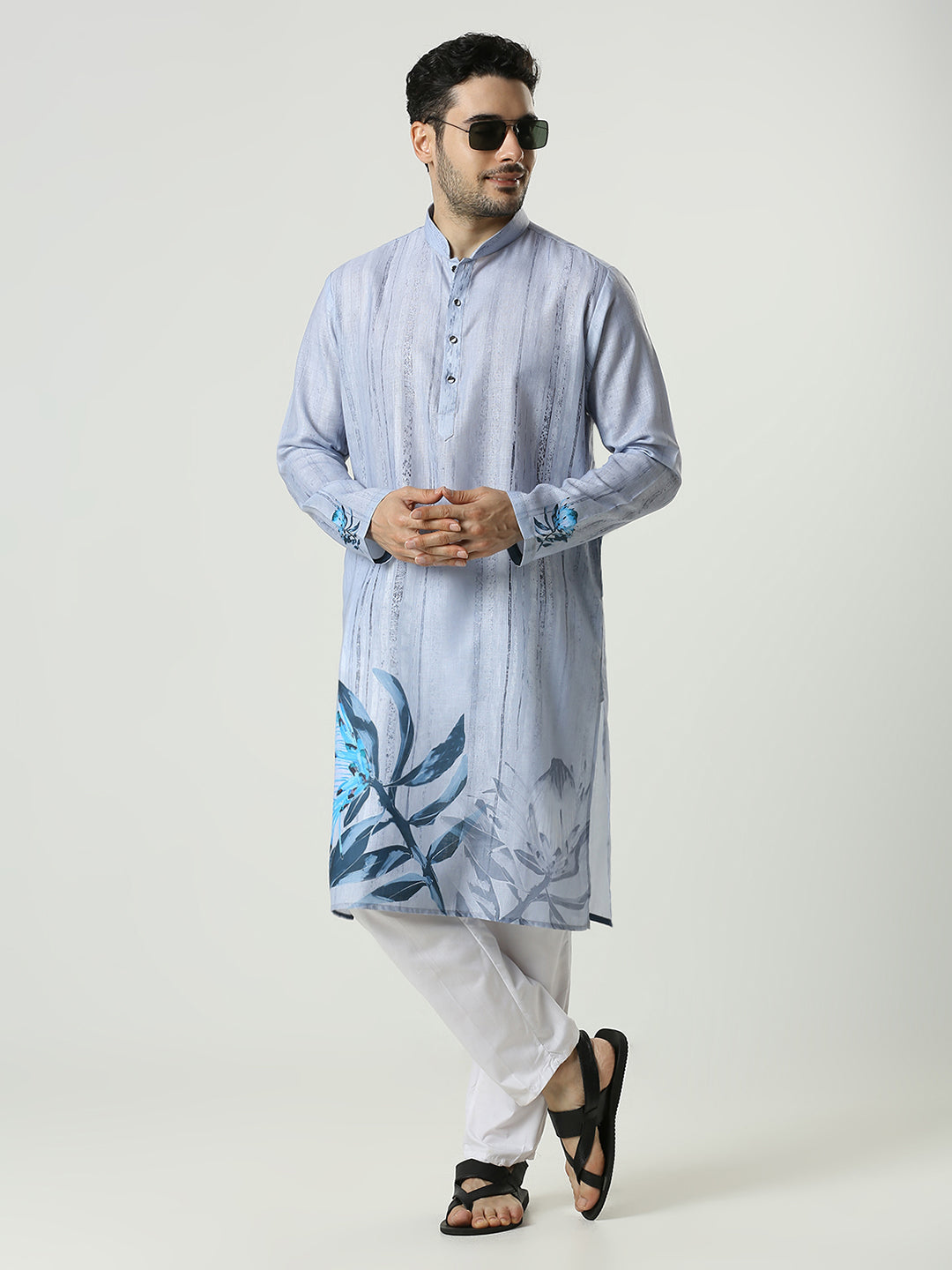 Kompanion Men's Light Blue Cotton Kurta