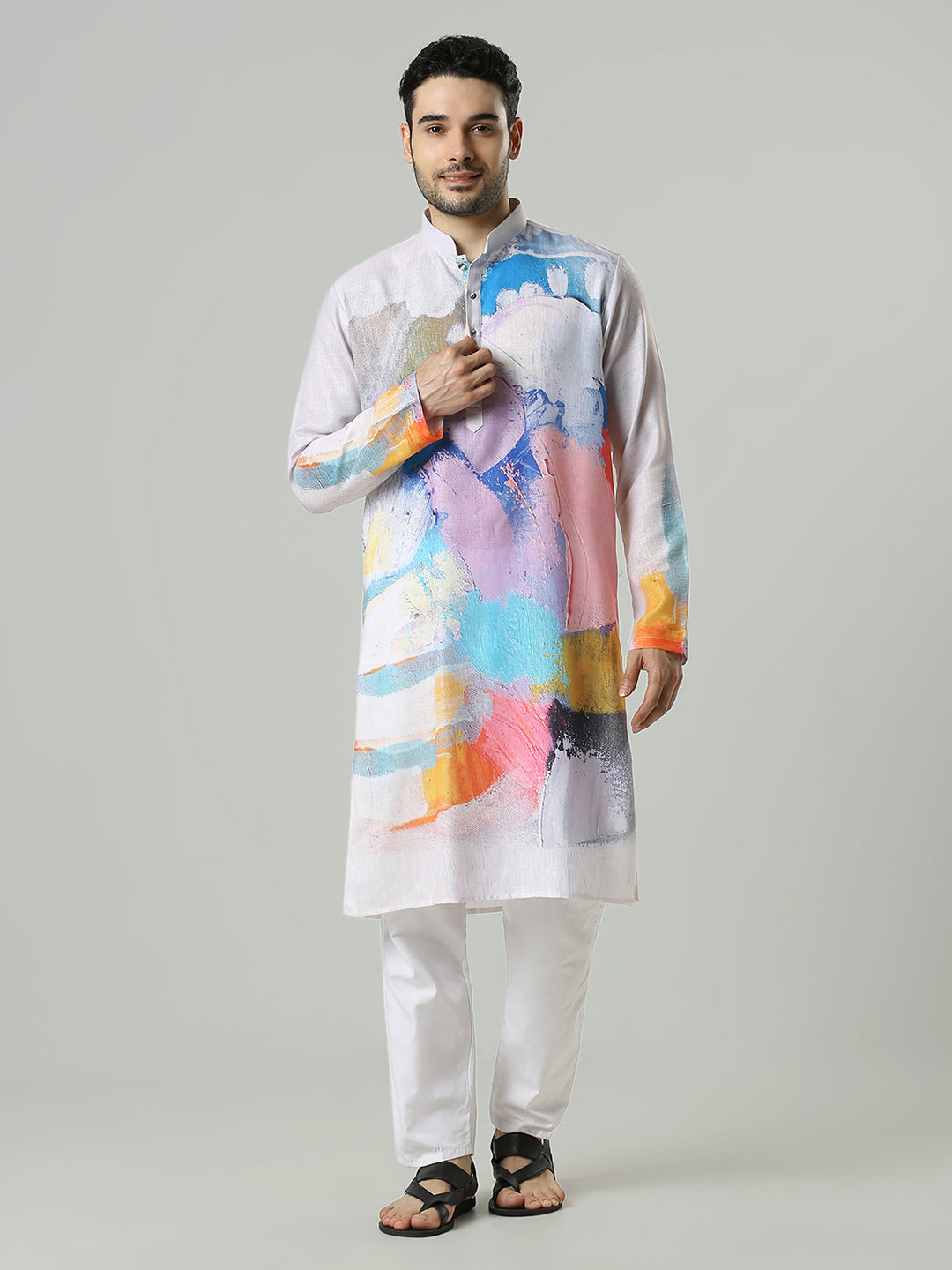 Kompanion Men's Light Grey Cotton Kurta