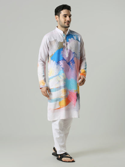 Kompanion Men's Light Grey Cotton Kurta