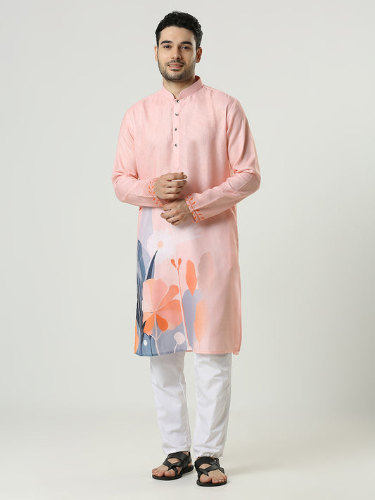 Kompanion Men's Peach Cotton Kurta