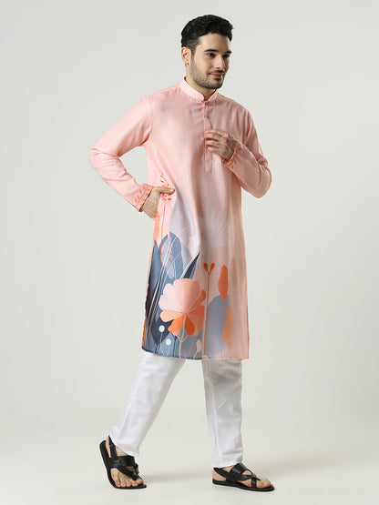 Kompanion Men's Peach Cotton Kurta