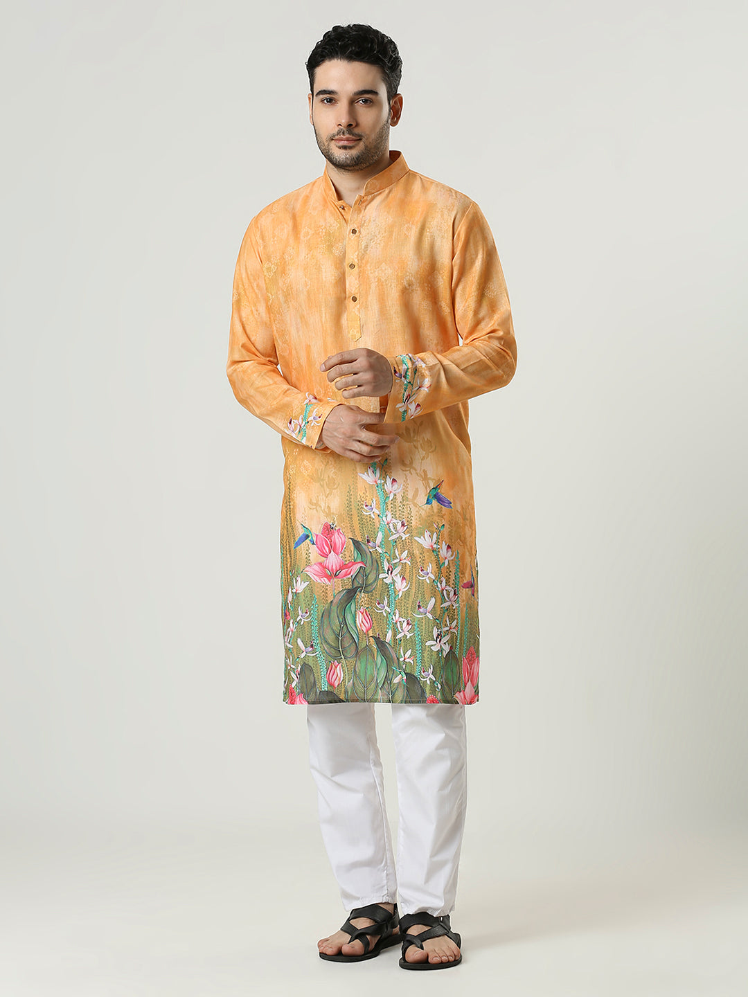 Kompanion Men's Orange Cotton Kurta