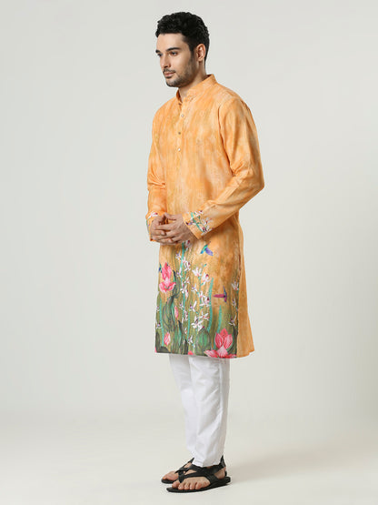 Kompanion Men's Orange Cotton Kurta