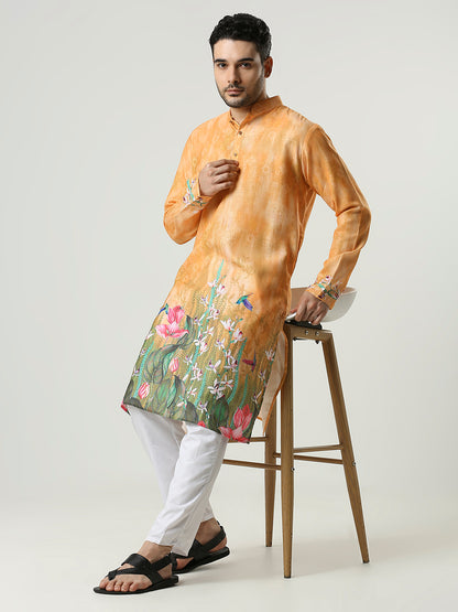 Kompanion Men's Orange Cotton Kurta