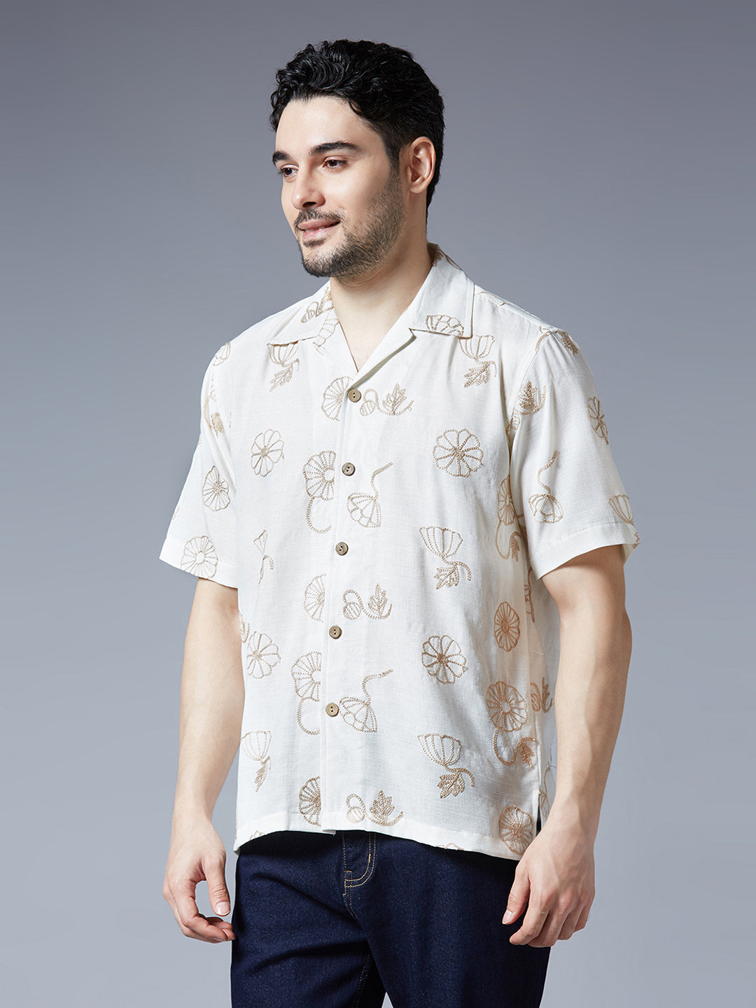 Kompanion Men's Cream Solid Shirt with Dori Work