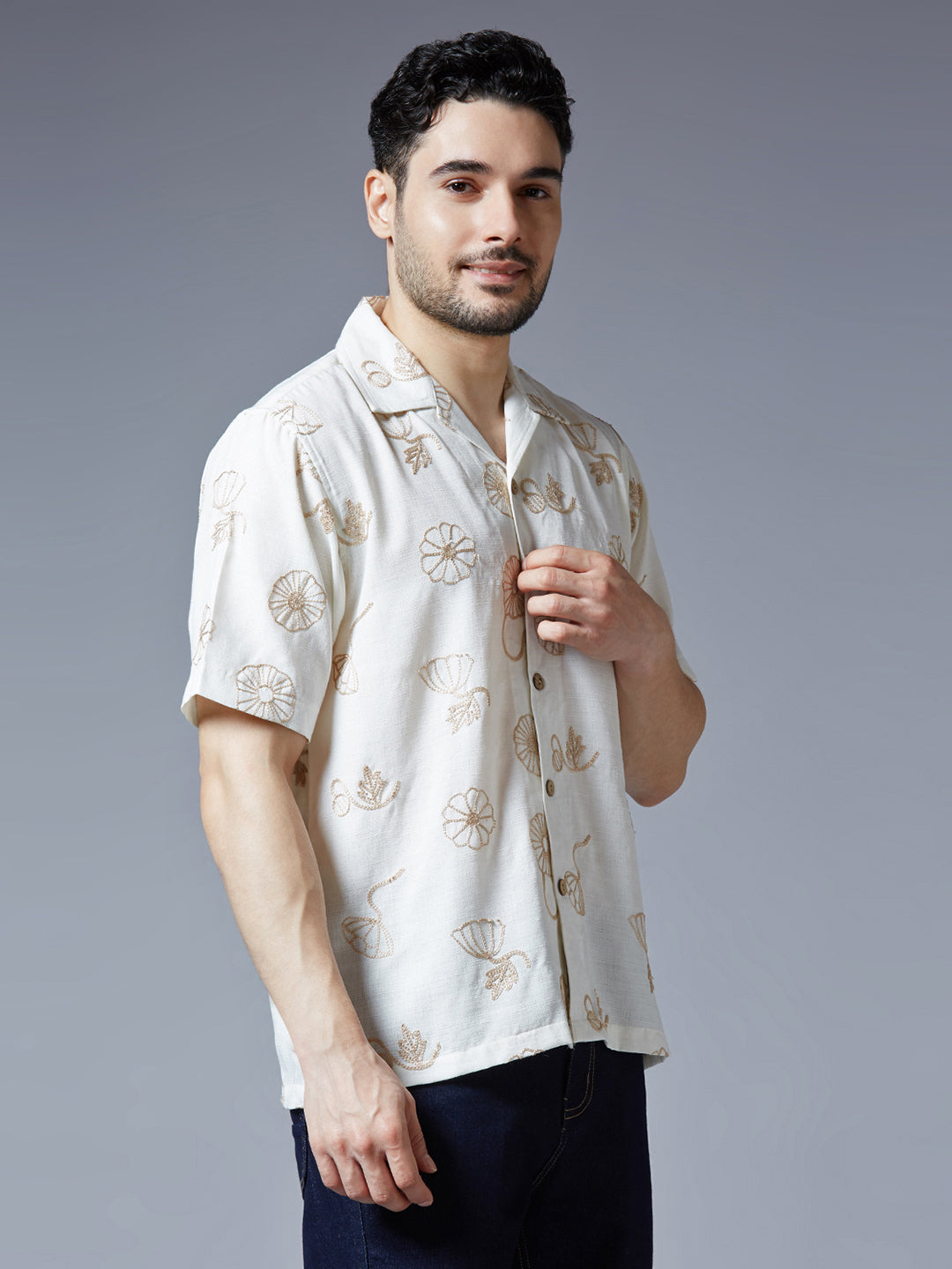 Kompanion Men's Cream Solid Shirt with Dori Work