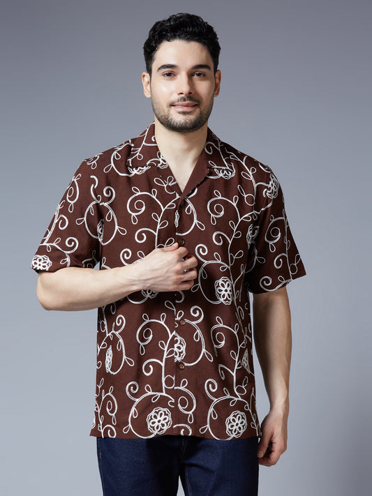 Kompanion Men's Brown Solid Shirt with Dori Work