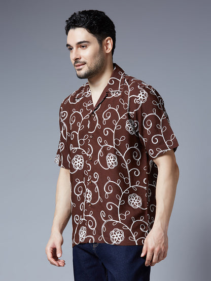 Kompanion Men's Brown Solid Shirt with Dori Work