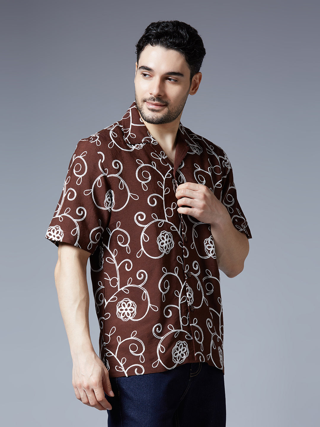 Kompanion Men's Brown Solid Shirt with Dori Work