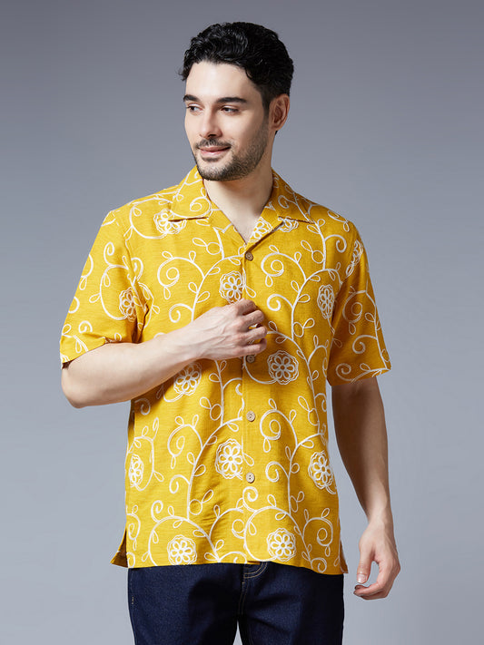 Kompanion Men's Mustard Solid Shirt with Dori Work