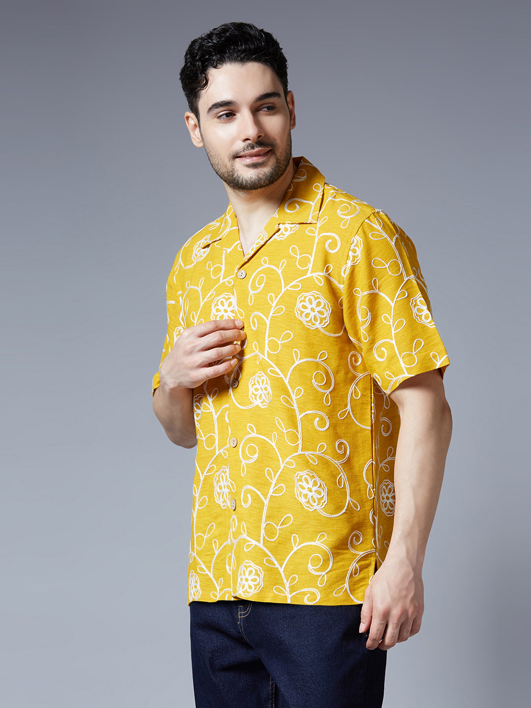 Kompanion Men's Mustard Solid Shirt with Dori Work
