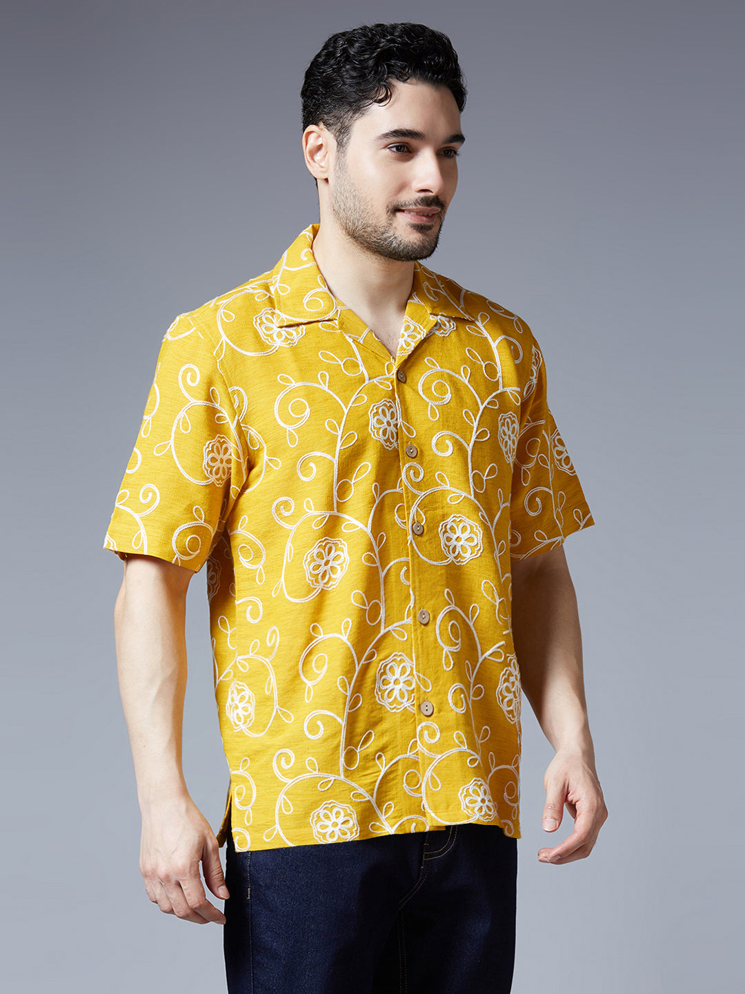 Kompanion Men's Mustard Solid Shirt with Dori Work
