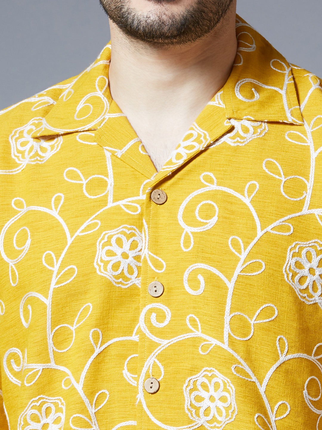 Kompanion Men's Mustard Solid Shirt with Dori Work