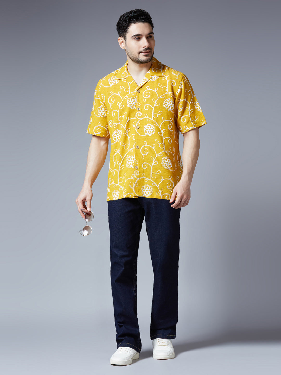 Kompanion Men's Mustard Solid Shirt with Dori Work