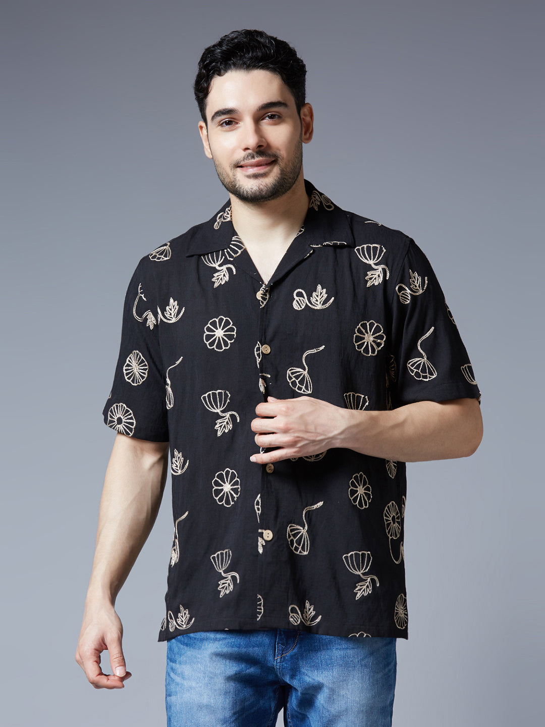 Kompanion Men's Black Solid Shirt with Dori Work