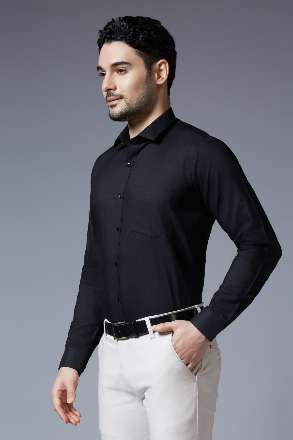 Men's Black Office Wear Long Sleeves Solid Shirt - Allen Brown