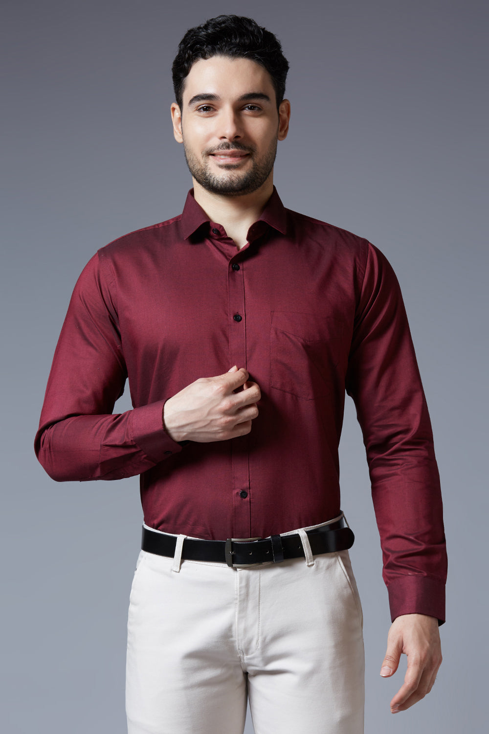 Men's Maroon Office Wear Long Sleeves Solid Shirt - Allen Brown