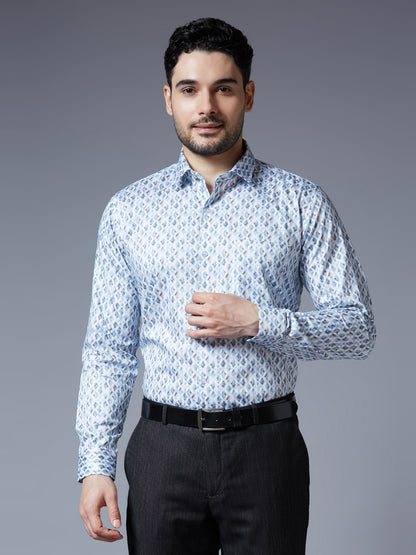 Kompanion Men's Blue Printed Smart Fit Cotton Shirt